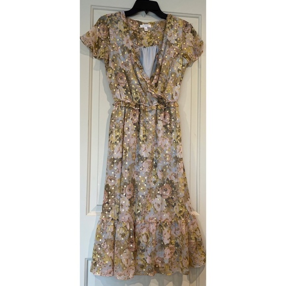 LC LAUREN CONRAD FLORAL MIDI GOLD DRESS - SIZE XS - Picture 1 of 5